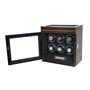 Luxury 6 Watch Winder Box with Quiet Motor - Ebony Stripe Wood & Glass Display Case for Automatic Watches 1041