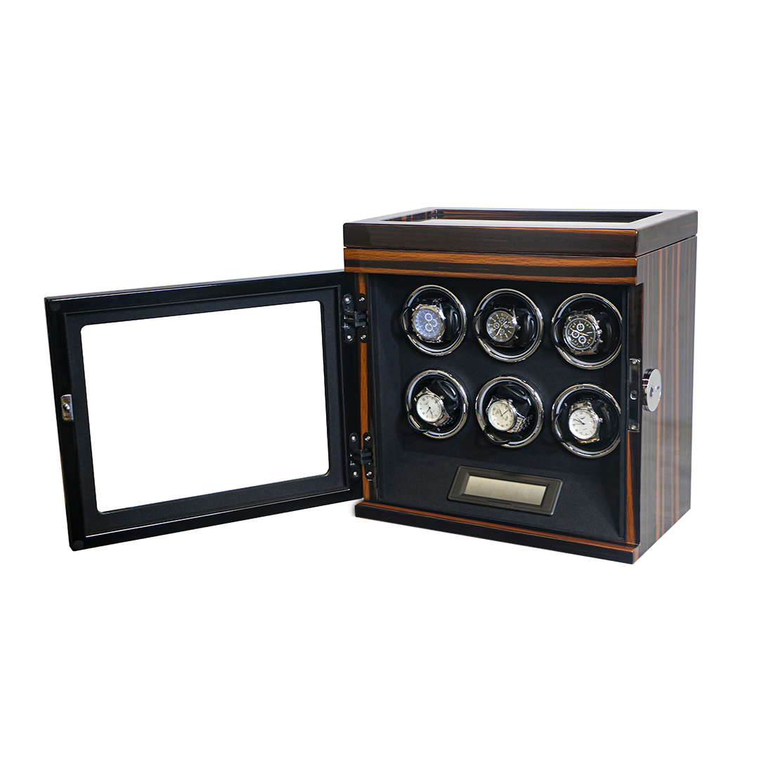 Luxury 6 Watch Winder Box with Quiet Motor - Ebony Stripe Wood & Glass Display Case for Automatic Watches 1041
