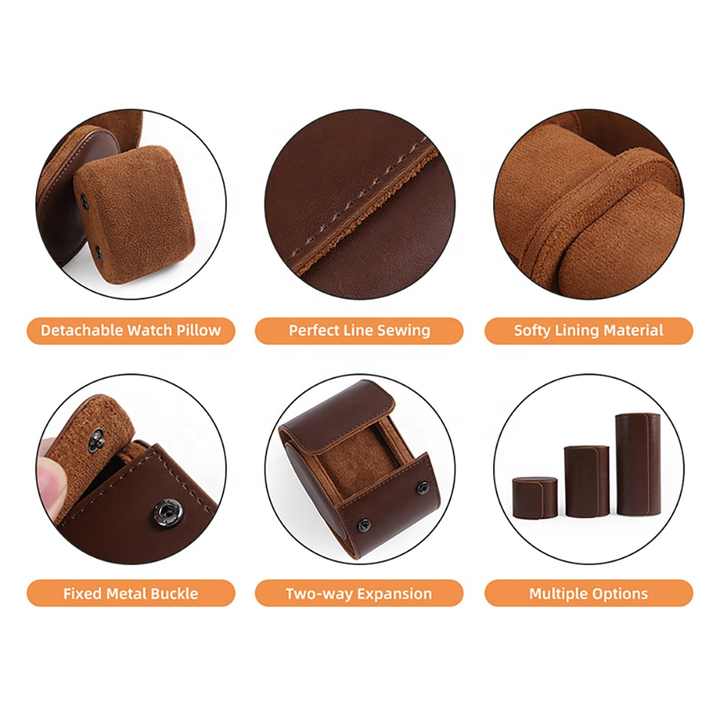 OEM customized high-end Leather watch box leather cord packaging box Single watch box Portable watch storage box Leather Watch Roll WR-001 - Image 7