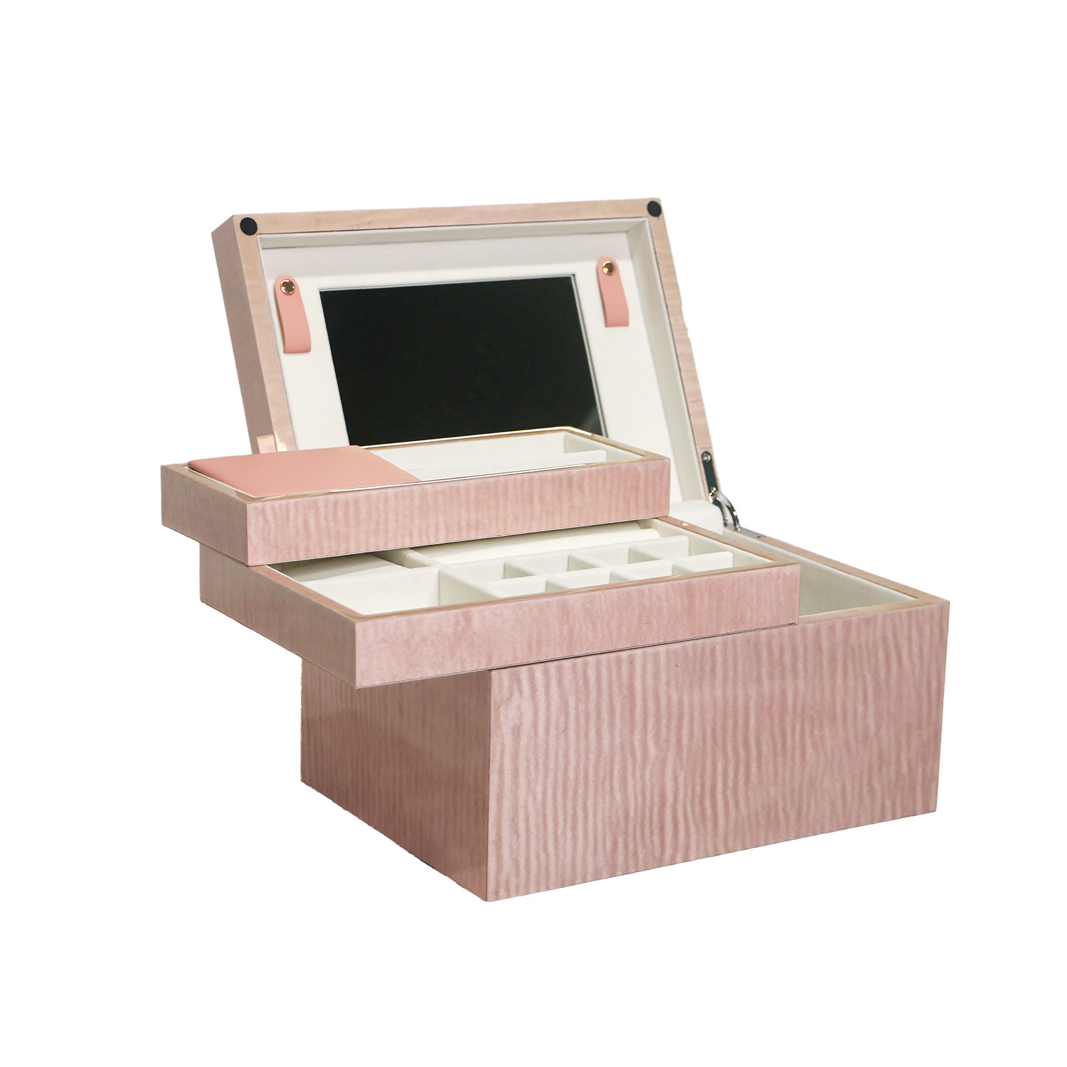 Customizable Pink Wood Grain Double-Layer Jewelry Box with Mirror NJB-003 - Image 2