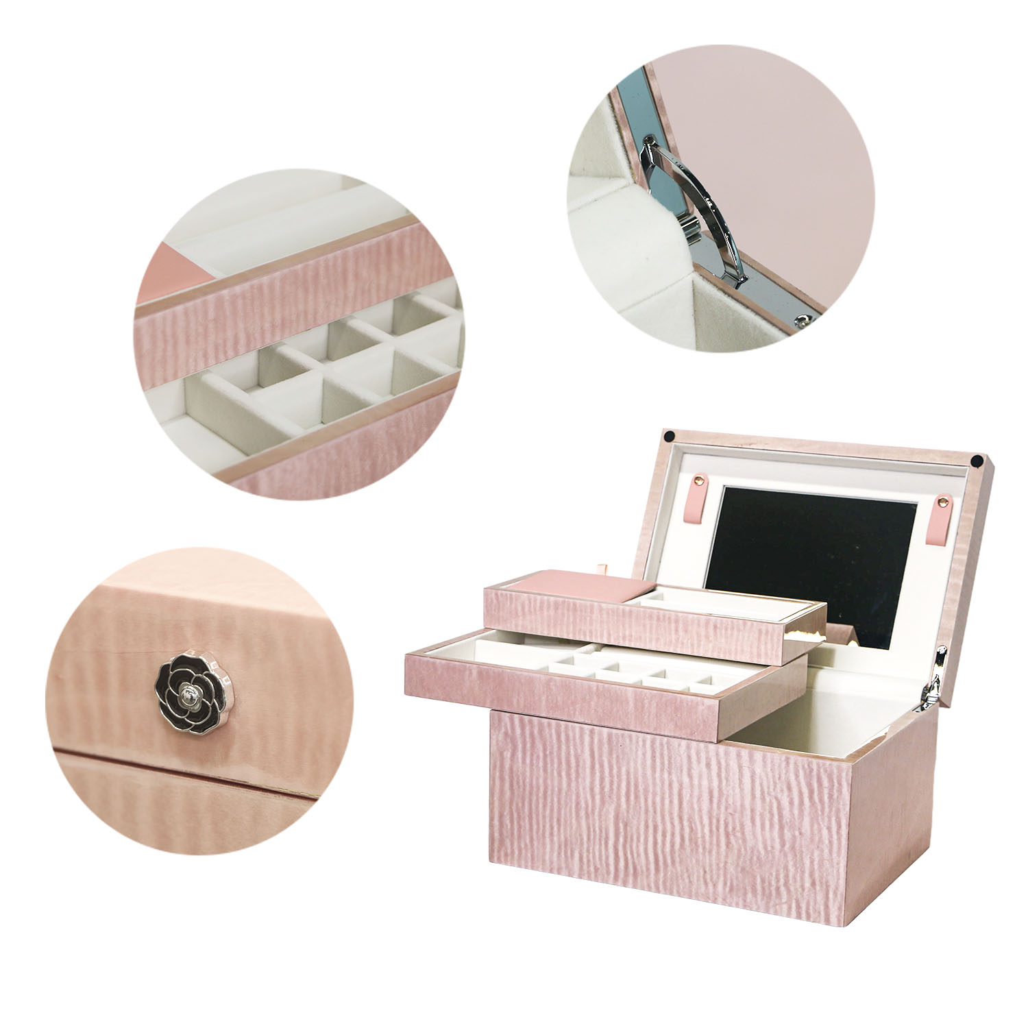 Customizable Pink Wood Grain Double-Layer Jewelry Box with Mirror NJB-003 - Image 4