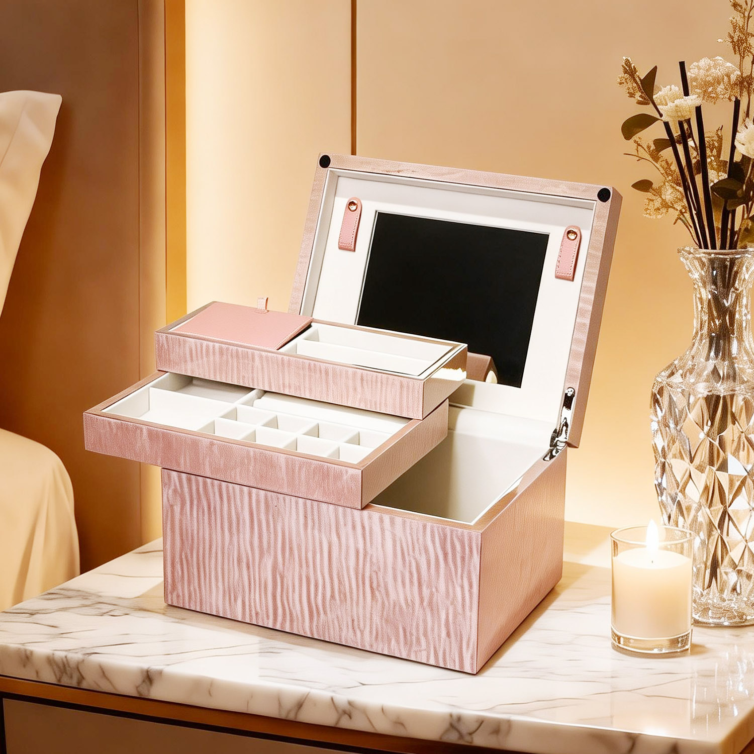 Customizable Pink Wood Grain Double-Layer Jewelry Box with Mirror NJB-003 - Image 5