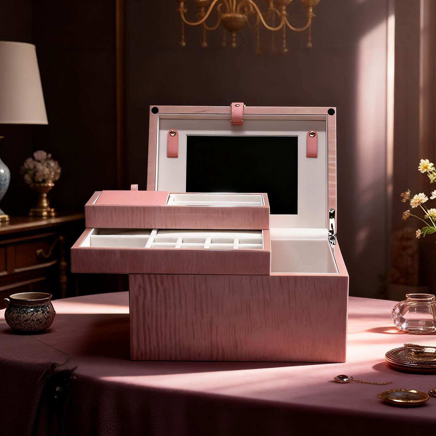 Customizable Pink Wood Grain Double-Layer Jewelry Box with Mirror NJB-003 - Image 6