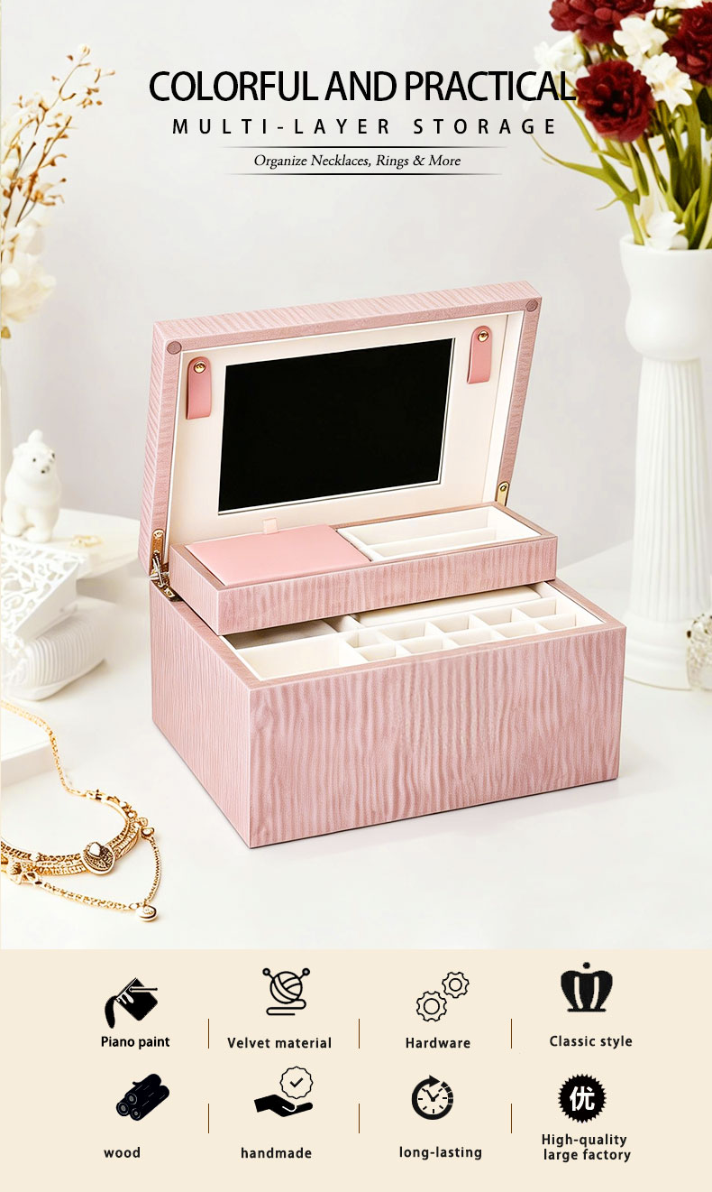 Customizable Pink Wood Grain Double-Layer Jewelry Box with Mirror NJB-003插图