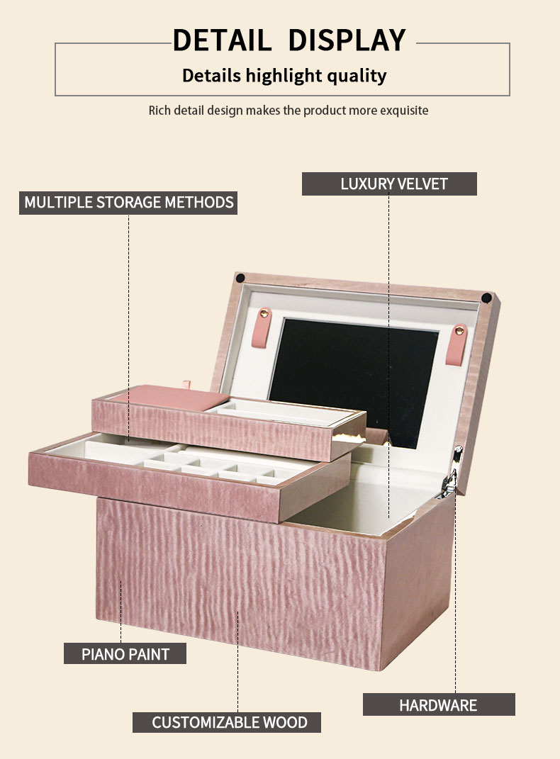 Customizable Pink Wood Grain Double-Layer Jewelry Box with Mirror NJB-003插图1