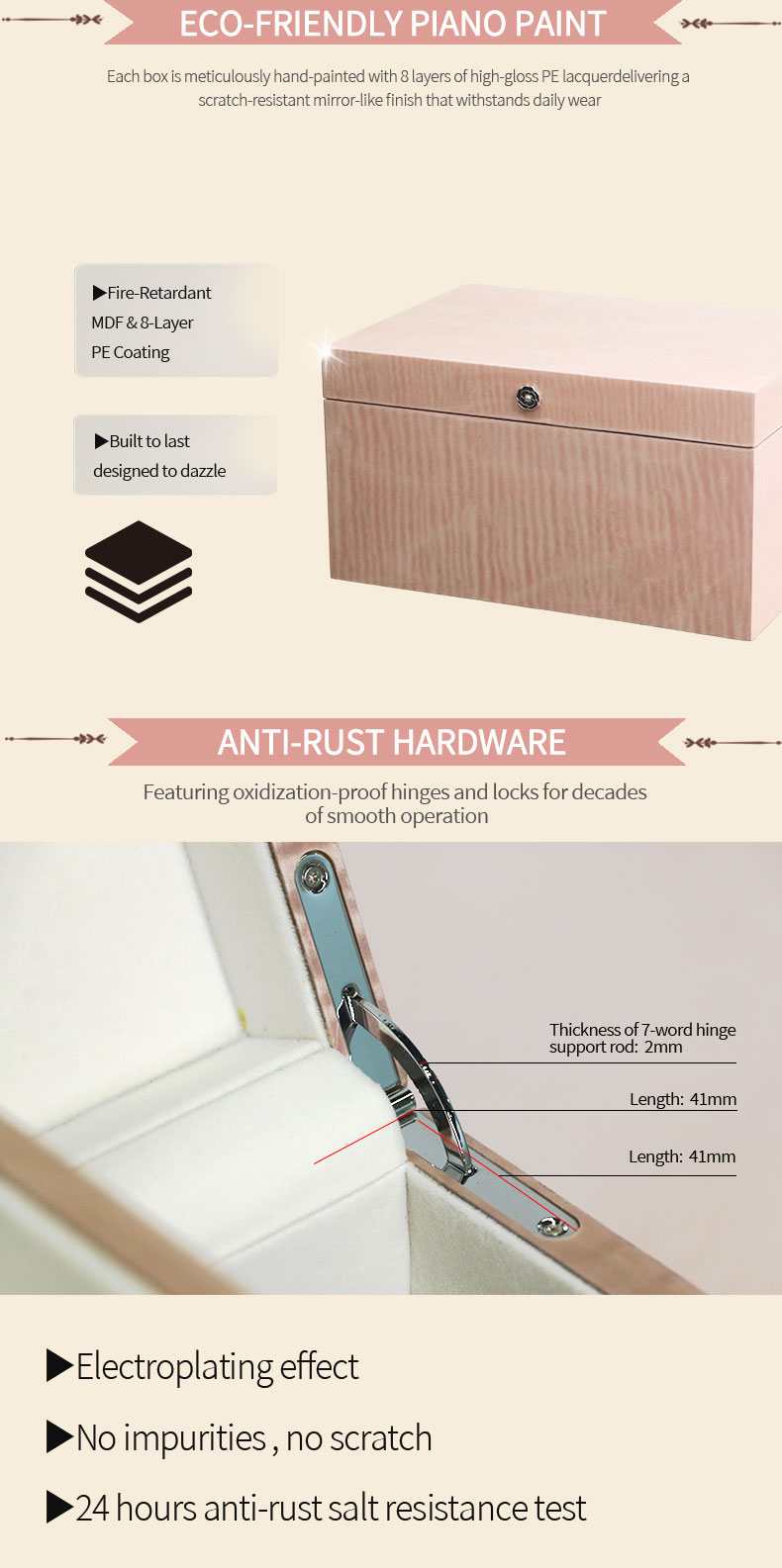 Customizable Pink Wood Grain Double-Layer Jewelry Box with Mirror NJB-003插图2