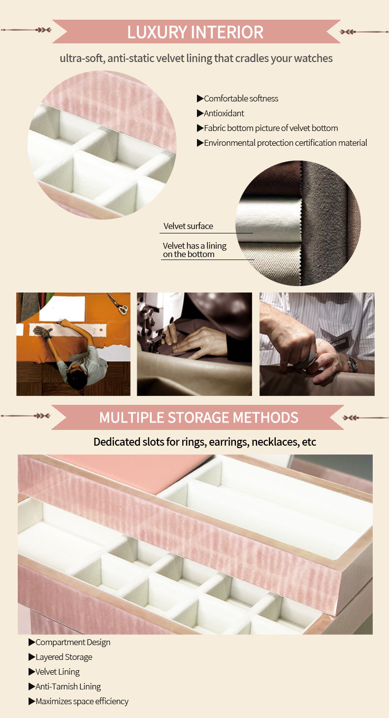 Customizable Pink Wood Grain Double-Layer Jewelry Box with Mirror NJB-003插图3