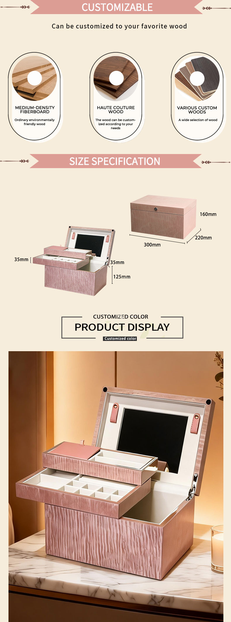 Customizable Pink Wood Grain Double-Layer Jewelry Box with Mirror NJB-003插图4