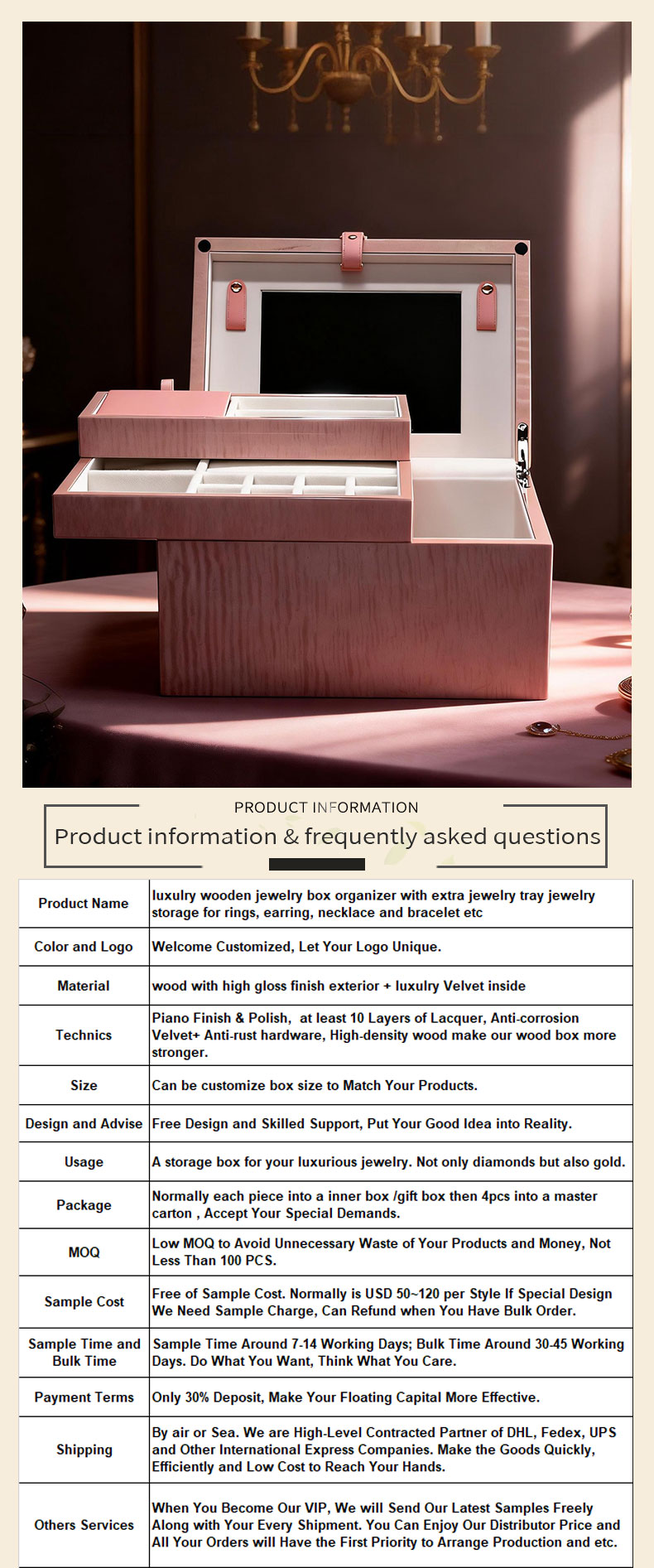 Customizable Pink Wood Grain Double-Layer Jewelry Box with Mirror NJB-003插图5 Customizable Pink Wood Grain Double-Layer Jewelry Box with Mirror NJB-003插图5