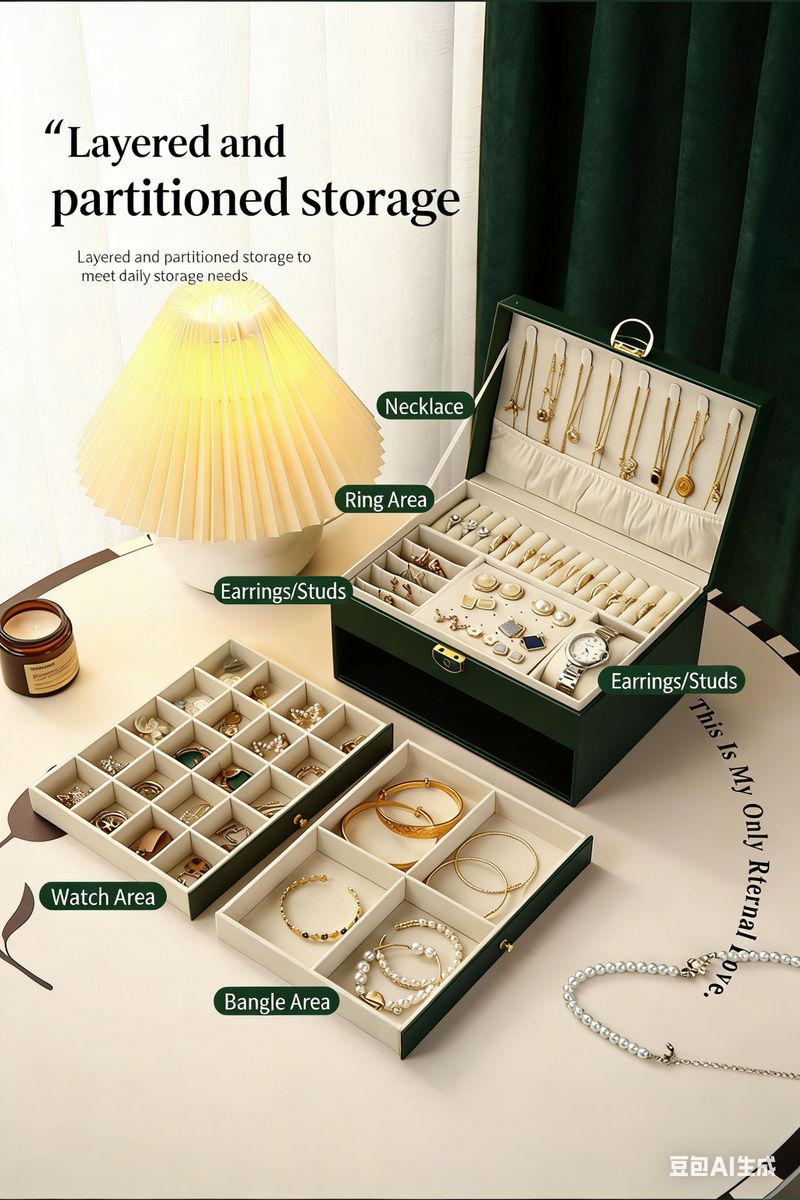 High-end exquisite jewelry storage box for earrings, ear studs, necklaces,3-layer jewelry storage box, gold accessories, large capacity jewelry case插图