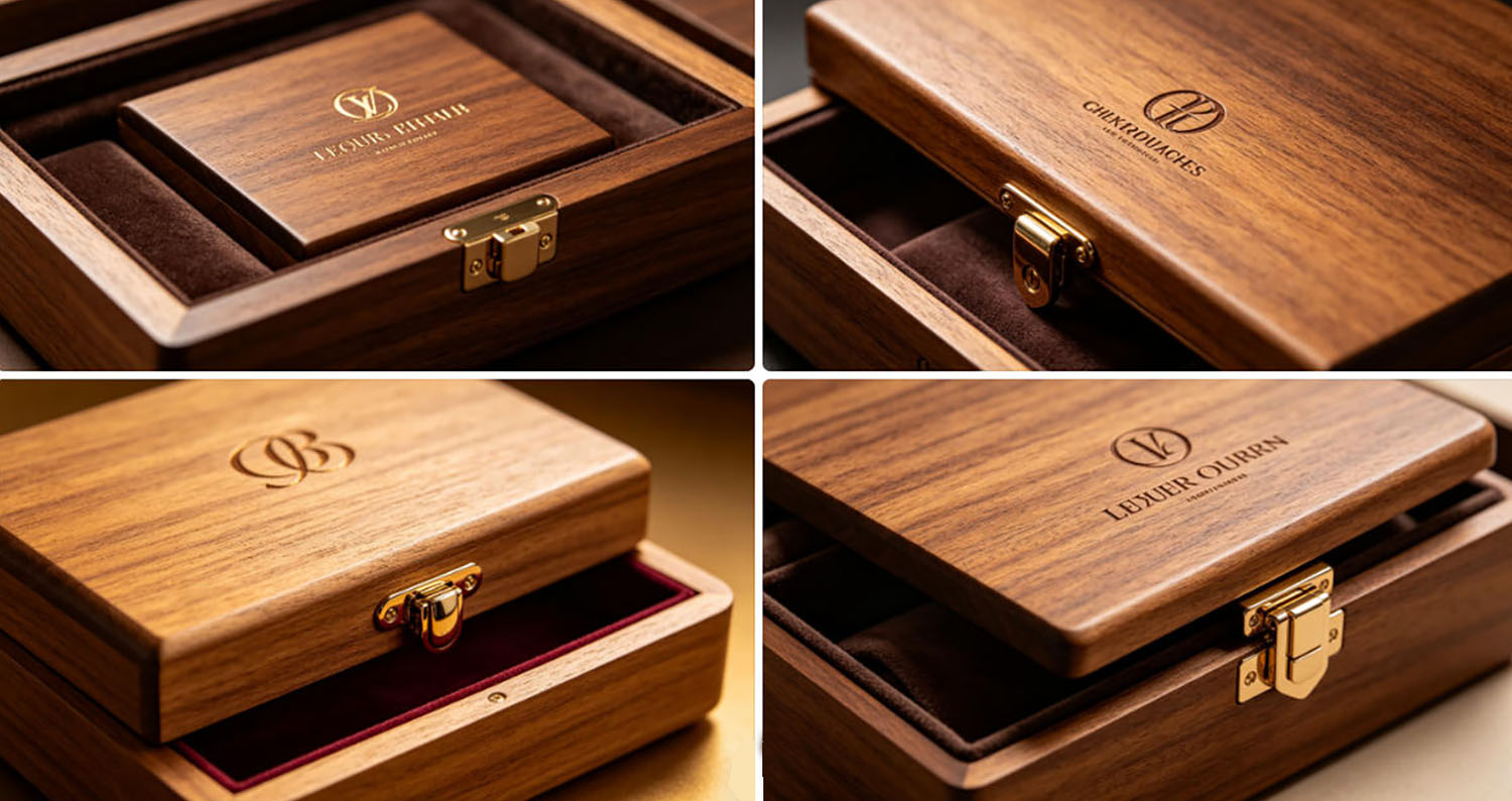 Home 13 Wooden watch boxes with engraved brand logos, gold hardware and matched interior linings