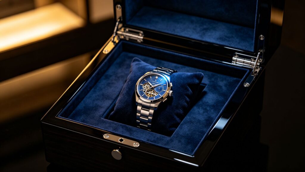 Luxury velvet-lined watch packaging box with a mechanical watch on a fitted cushion