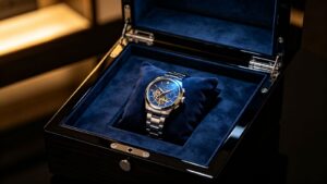 Luxury velvet-lined watch packaging box with a mechanical watch on a fitted cushion