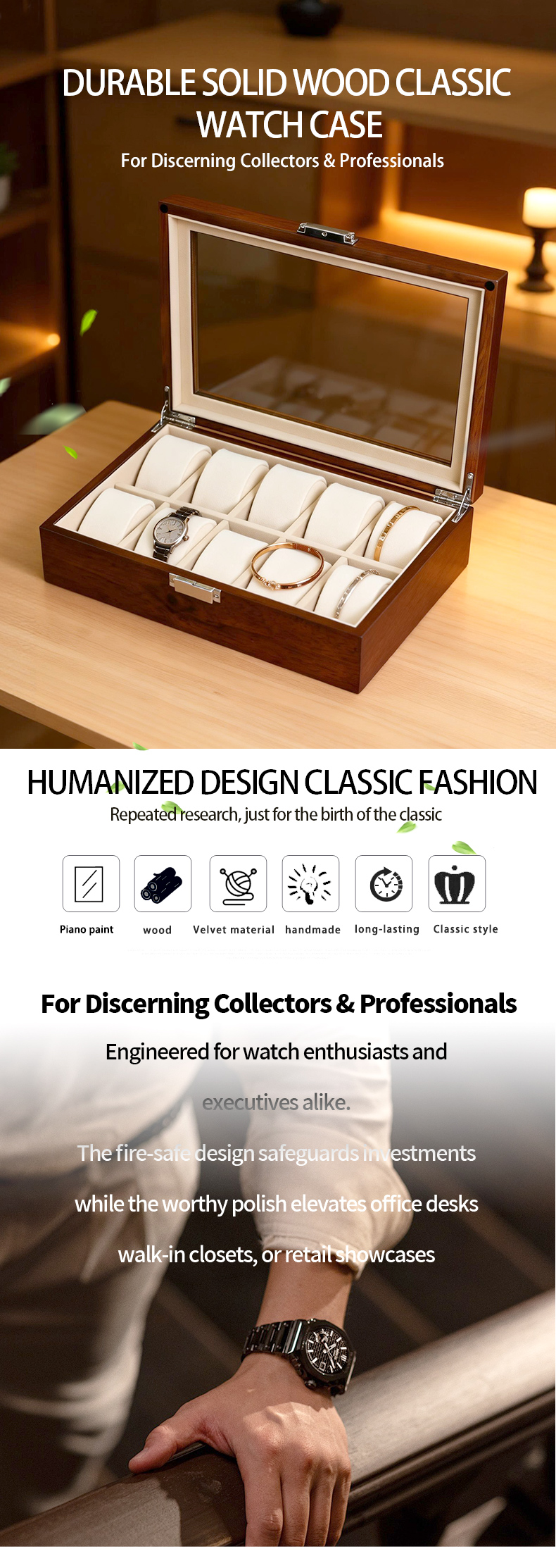 Light Luxury Solid Wood Watch Display Box with Lock Wristwatch Home Storage Gift Box WB-2610插图