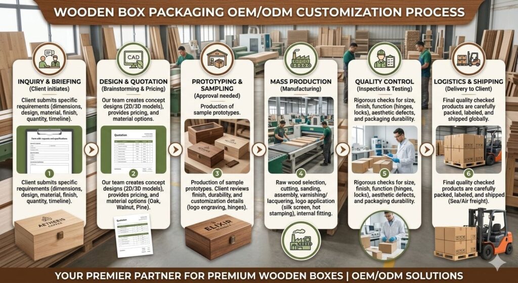 OEM/ODM Wooden Packaging Complete Guide: From Concept to Delivery缩略图 Wooden Box Packaging OEMODM Customization Process
