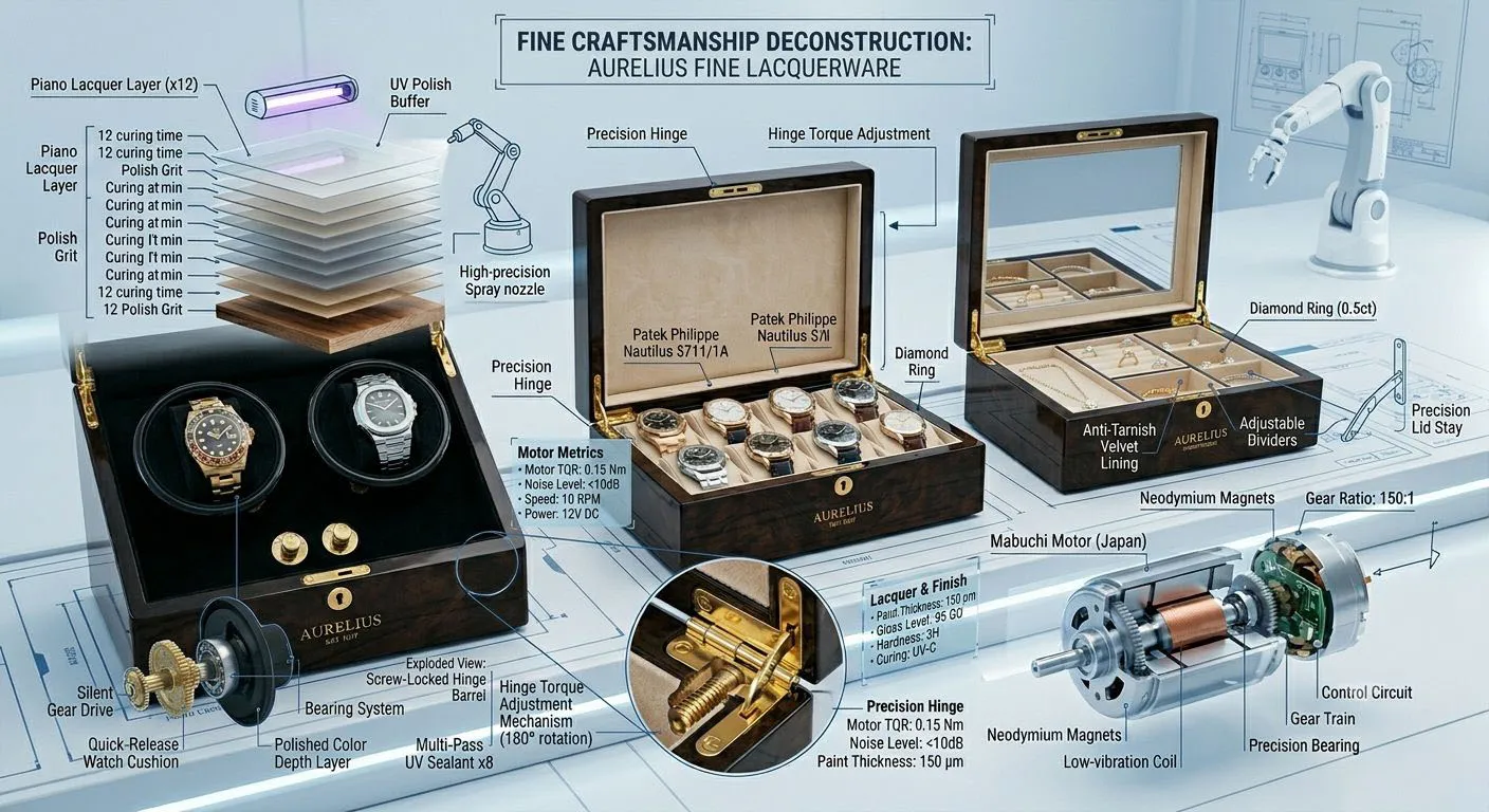 Custom Wooden Boxes for Your Brand: A B2B Sourcing Playbook for 2026插图1 Custom wooden box engineering details — piano lacquer finish, silent motor, premium hardware