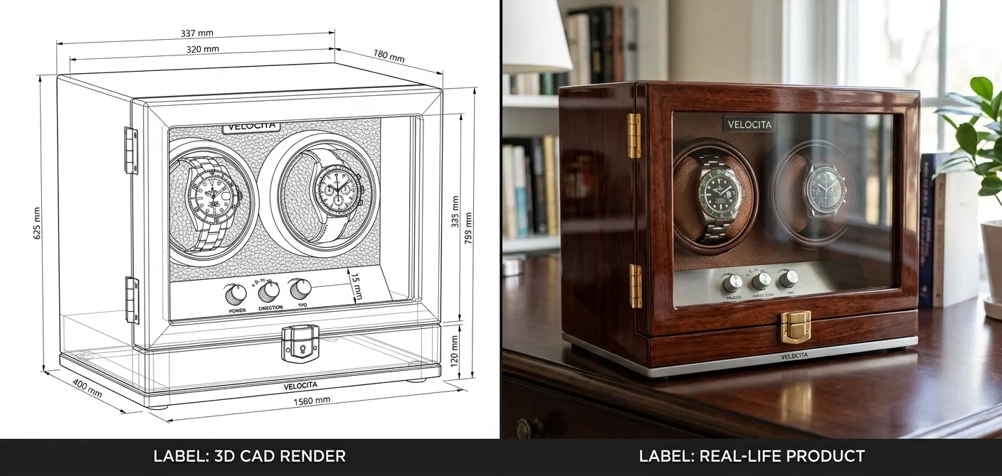 Watch Winder MOQ & Sampling Fees Explained: A Complete OEM/ODM Buyer’s Guide插图2 3D rendering of custom watch winder design – T.WING-PAK delivers visual prototypes within 8 hours