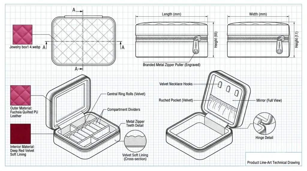 No Jewelry Box Design – Can I Still Work with a Factory? — From a 19-Year Premium Wood Box Manufacturer插图3 Jewelry box product line drawing