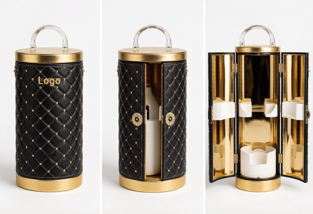 Closed, half-open and fully-open views of the cylindrical wine gift box
