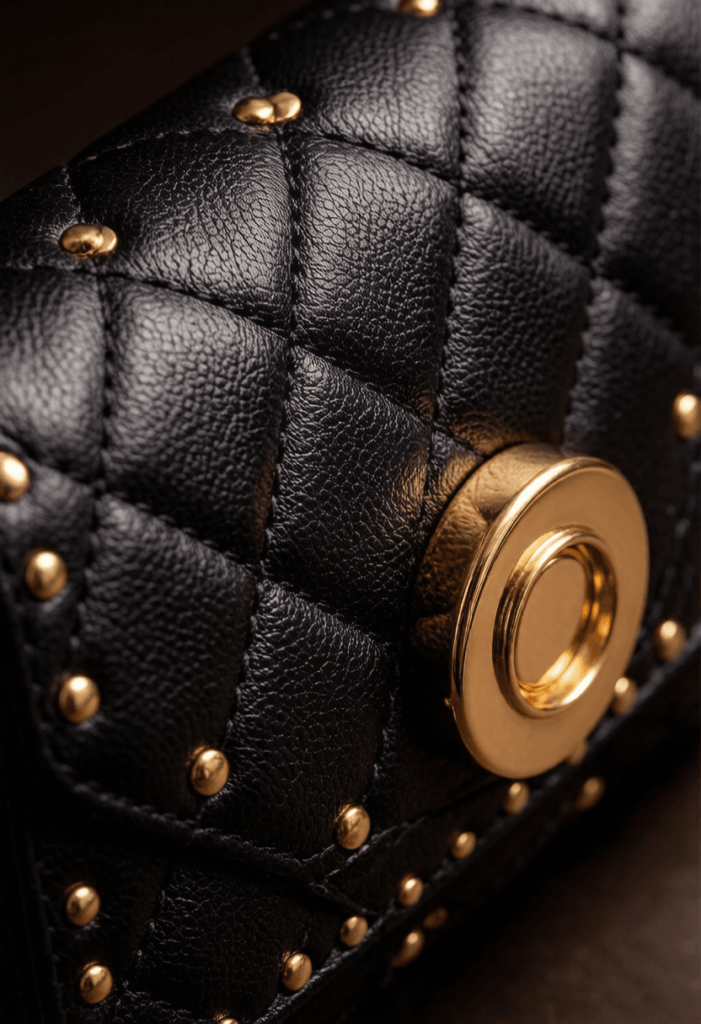 Close-up of quilted leather texture and gold rivets