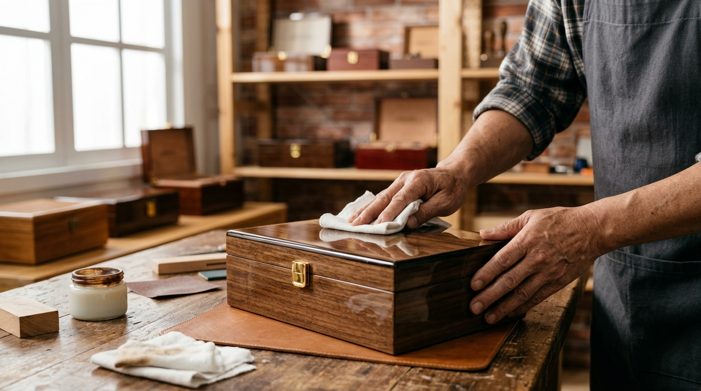 19 Years of Handmade Wooden Jewelry Boxes, Flag Display Cases & Keepsakes: The T.WING-PAK OEM/ODM Standard插图 Craftsman hand-polishing a piano-lacquered walnut jewelry box at T.WING-PAK factory