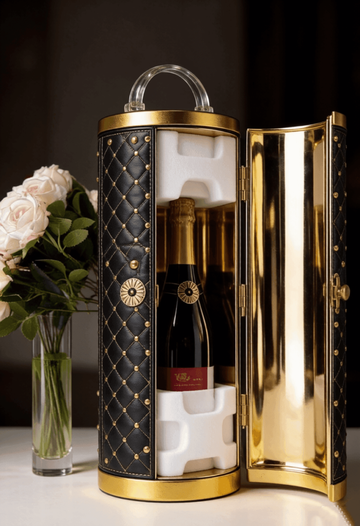 Luxury cylindrical champagne and wine gift box with black quilted leather and gold hardware