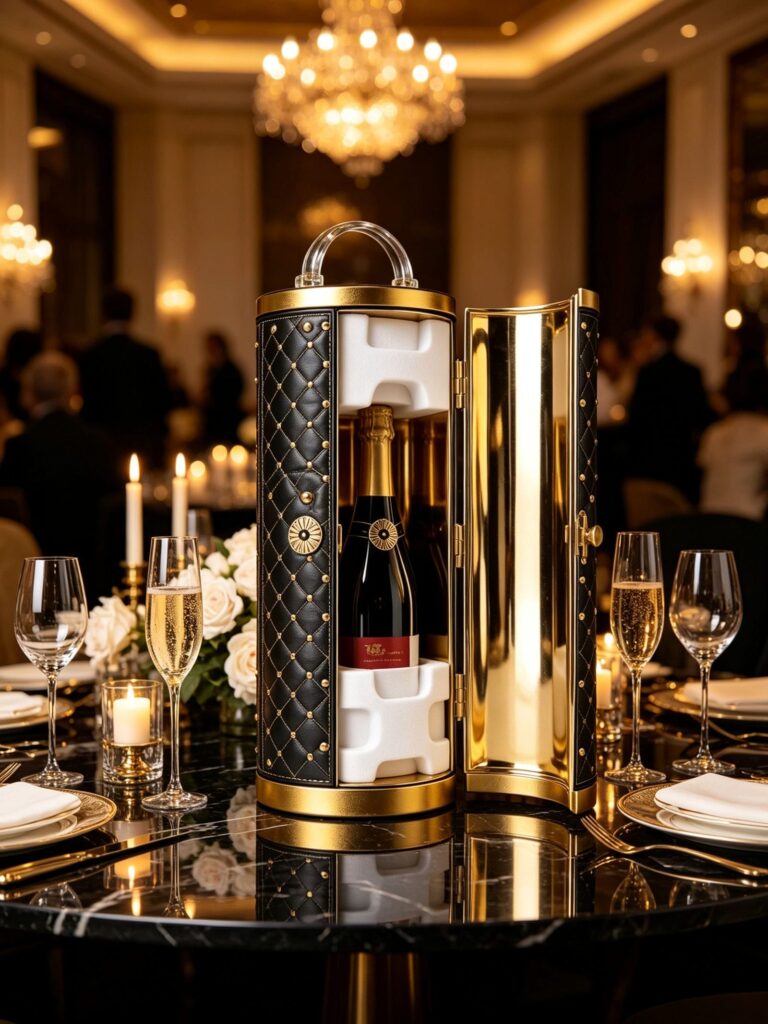 Luxury wine gift box on an elegant dining table setting