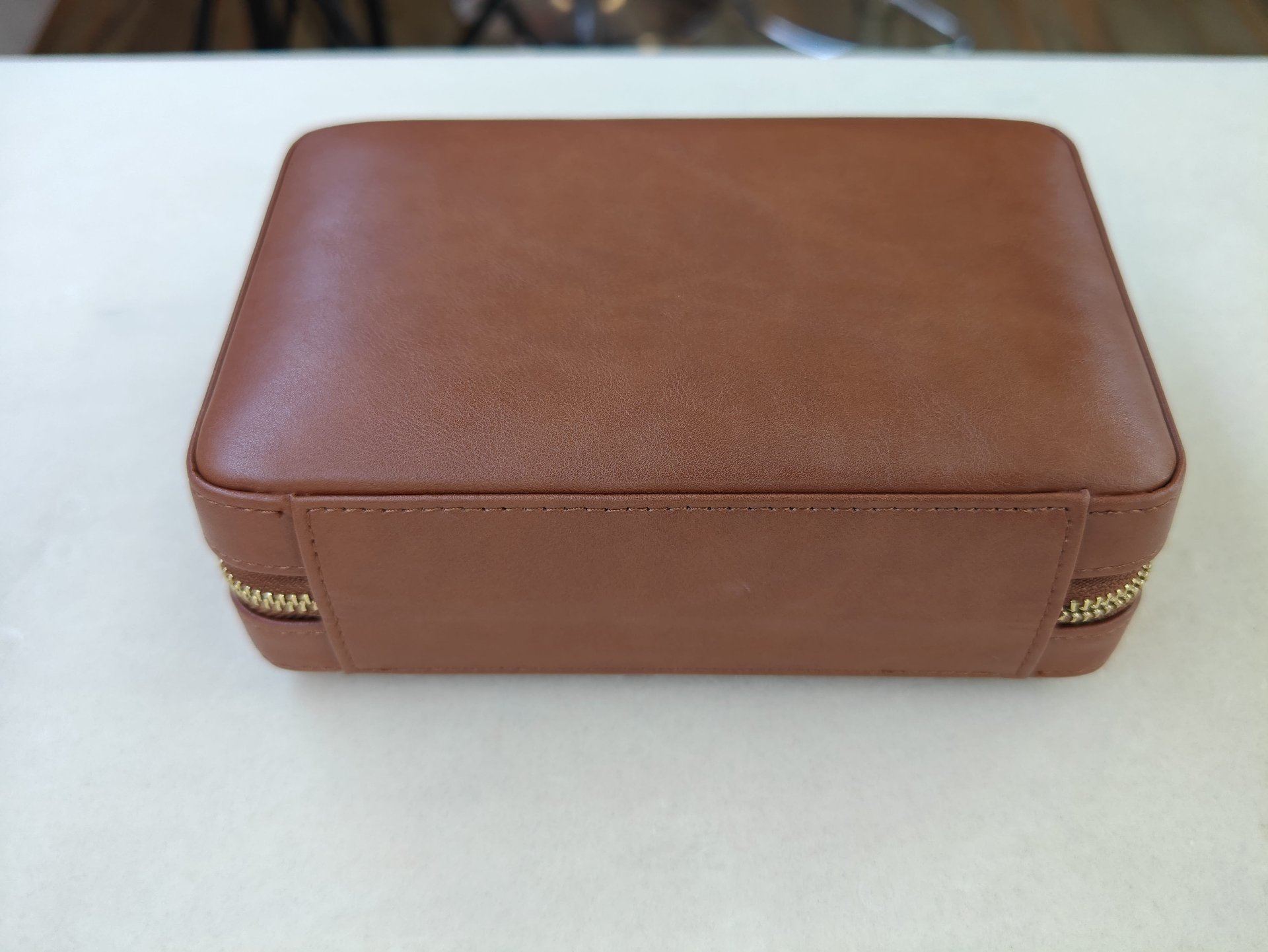 Custom Leather Travel Humidor - Cedar Cigar Case with Accessory Tray 7 Brown leather travel humidor case with gold zipper - closed front view