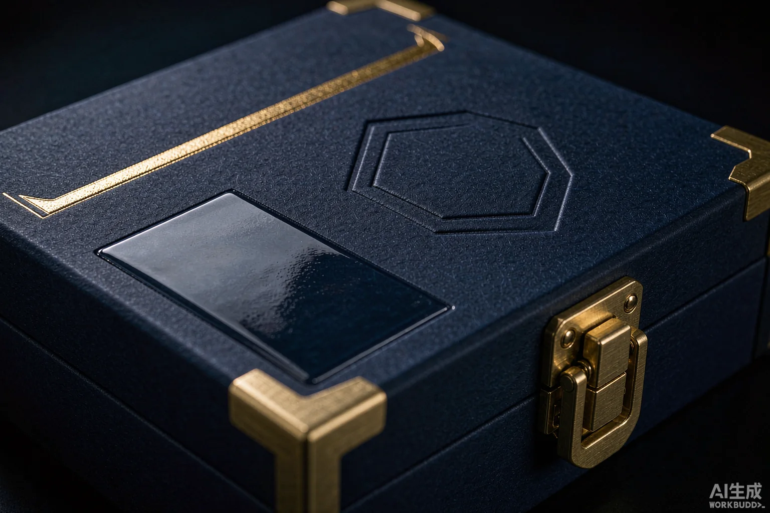 Gold hot foil stamping and blind embossing detail on a navy textured watch box