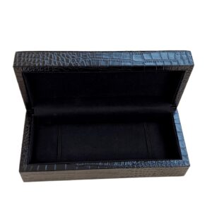 Crocodile leather jewelry gift box open with black velvet interior and ring slots