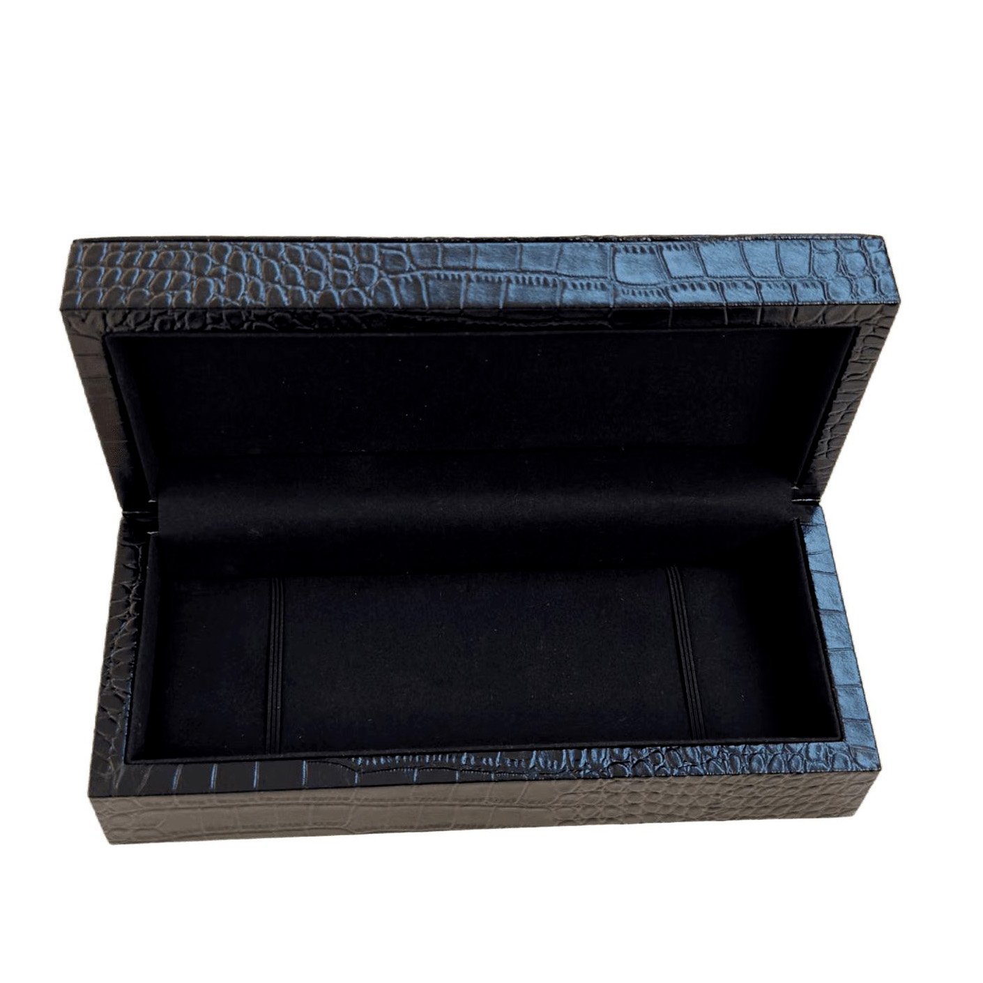 Crocodile Leather Jewelry Gift Box - Navy Embossed Case with Black Velvet Interior and Outer Sleeve 1 Crocodile leather jewelry gift box open with black velvet interior and ring slots
