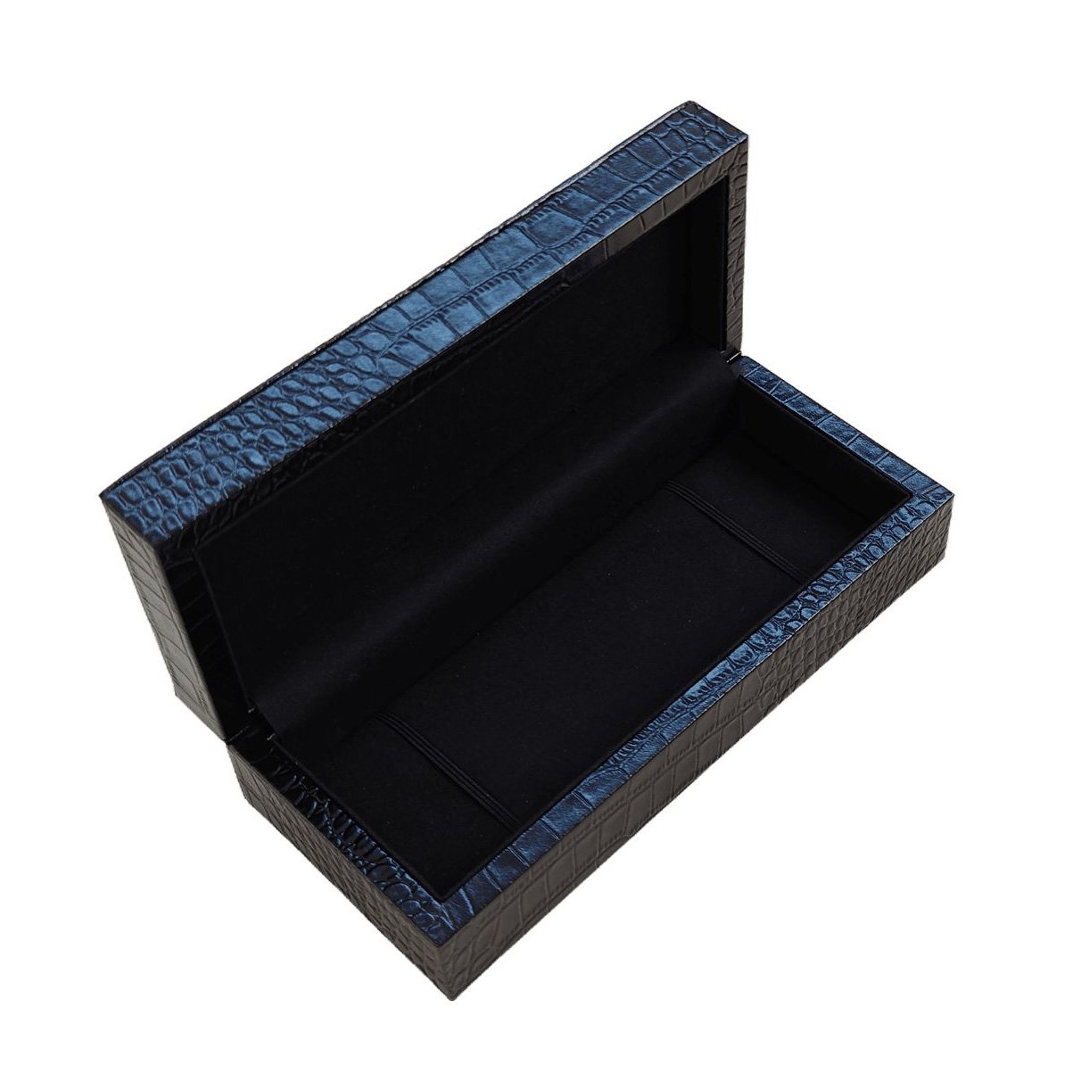 Crocodile Leather Jewelry Gift Box - Navy Embossed Case with Black Velvet Interior and Outer Sleeve 3 Angled view of the open crocodile embossed jewelry gift box with hinged lid