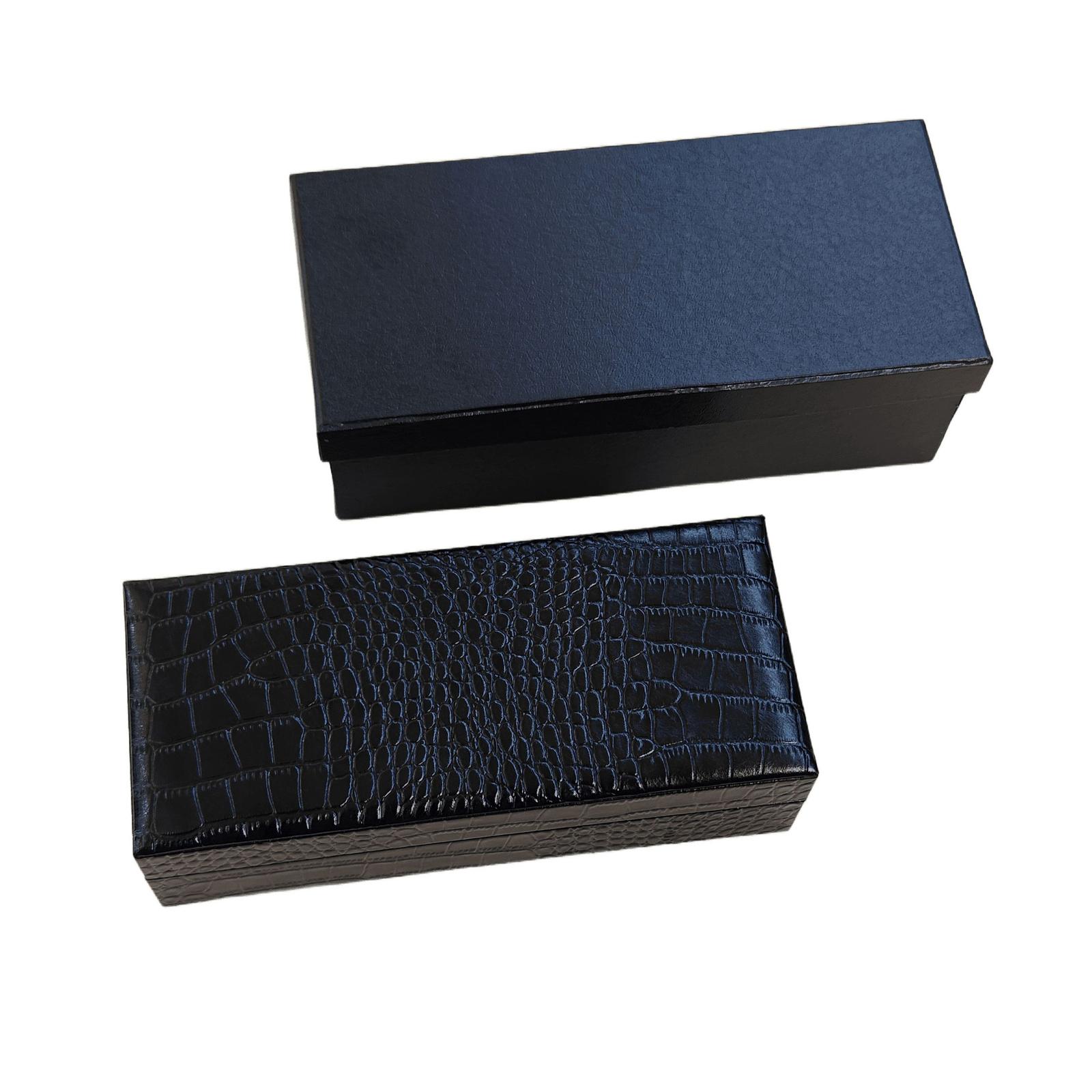 Crocodile Leather Jewelry Gift Box - Navy Embossed Case with Black Velvet Interior and Outer Sleeve 4 Crocodile leather jewelry gift box packed inside its navy outer sleeve box