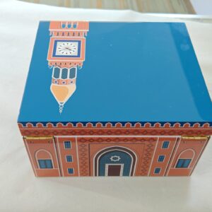 Landmark printed wooden watch box with high-gloss blue lid and clock tower artwork - closed view