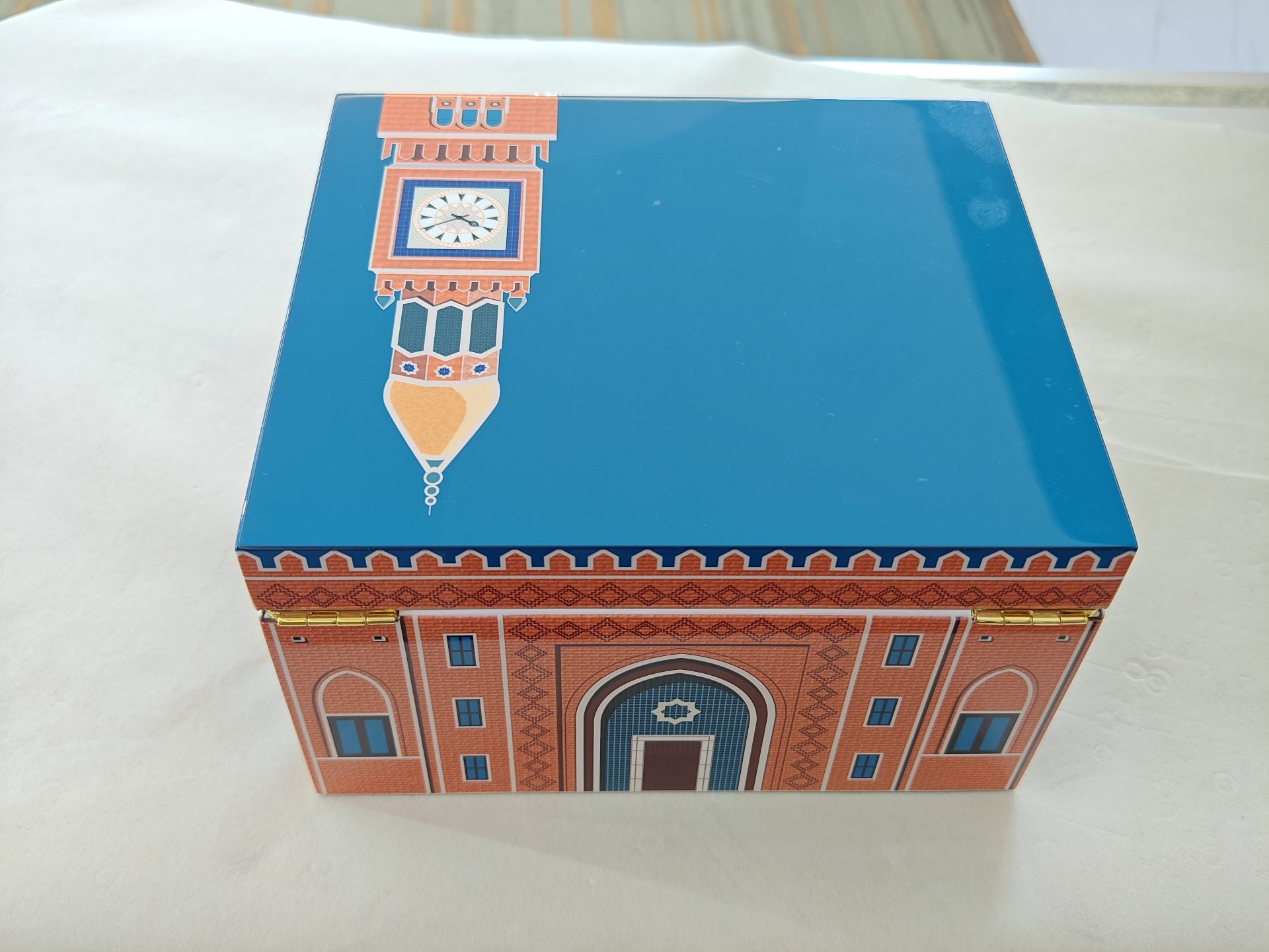 Custom Printed Wooden Watch Box - Landmark Lacquer Collection with Red Velvet Tray 1 Landmark printed wooden watch box with high-gloss blue lid and clock tower artwork - closed view