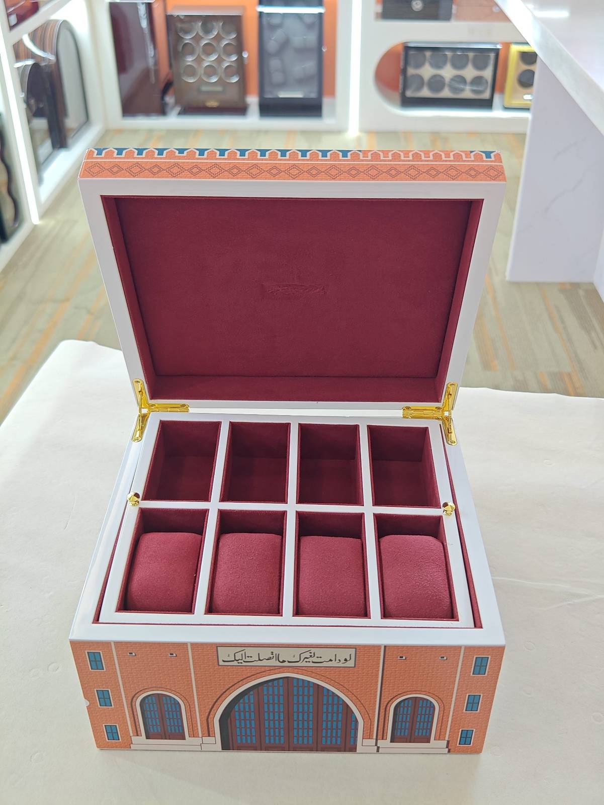 Custom Printed Wooden Watch Box - Landmark Lacquer Collection with Red Velvet Tray 7 Open landmark printed watch box with eight burgundy velvet watch cushions