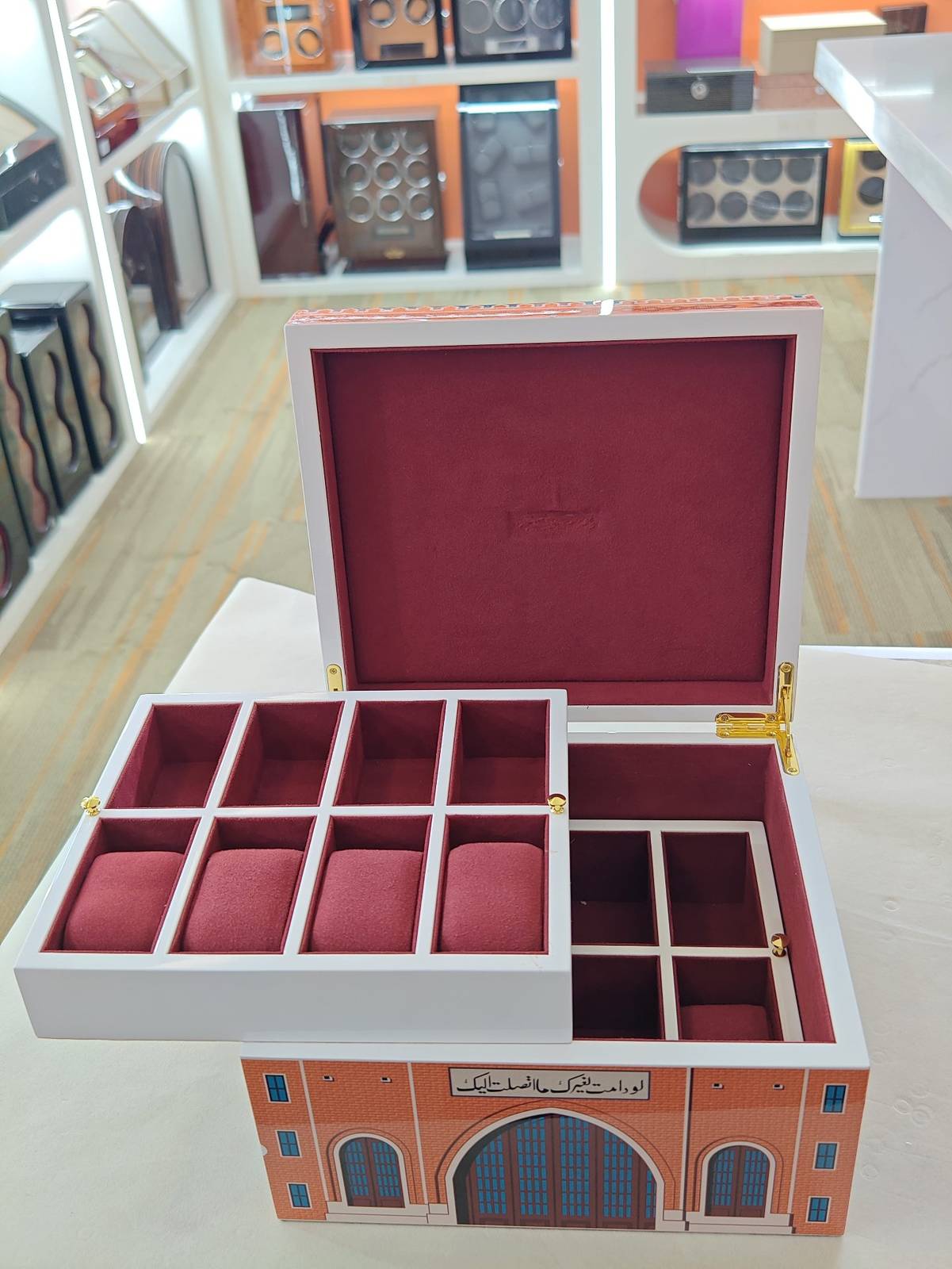 Custom Printed Wooden Watch Box - Landmark Lacquer Collection with Red Velvet Tray 8 Removable burgundy velvet tray of the wooden watch box lifted out to reveal the lower deck