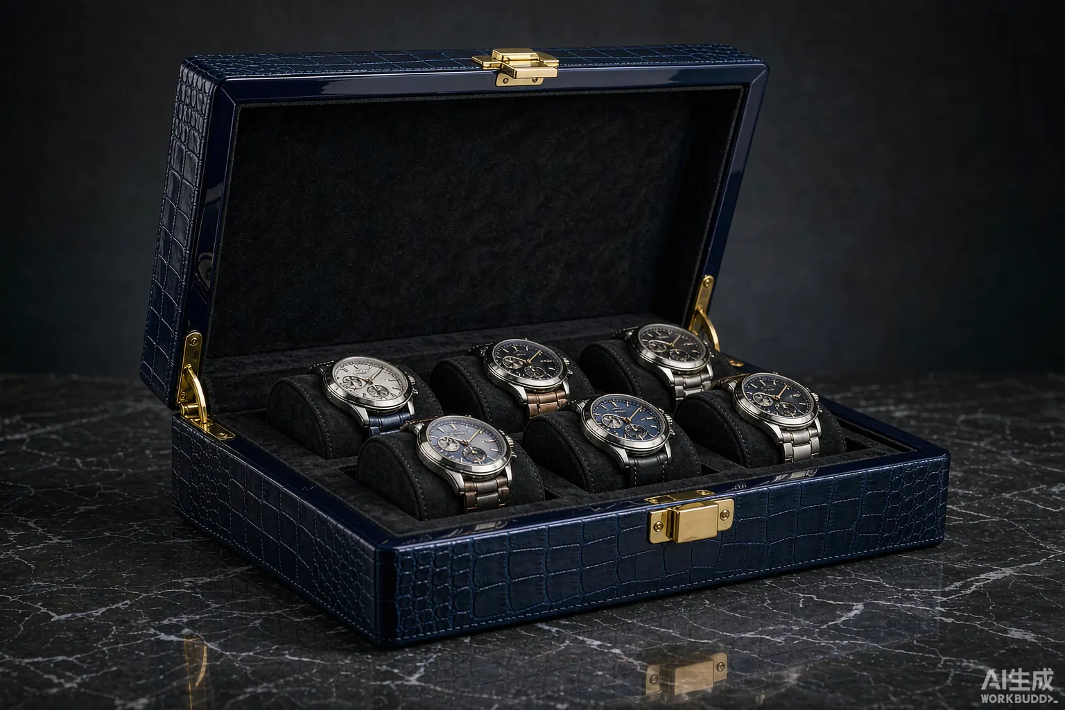 Luxury navy crocodile embossed watch presentation box with black velvet cushions