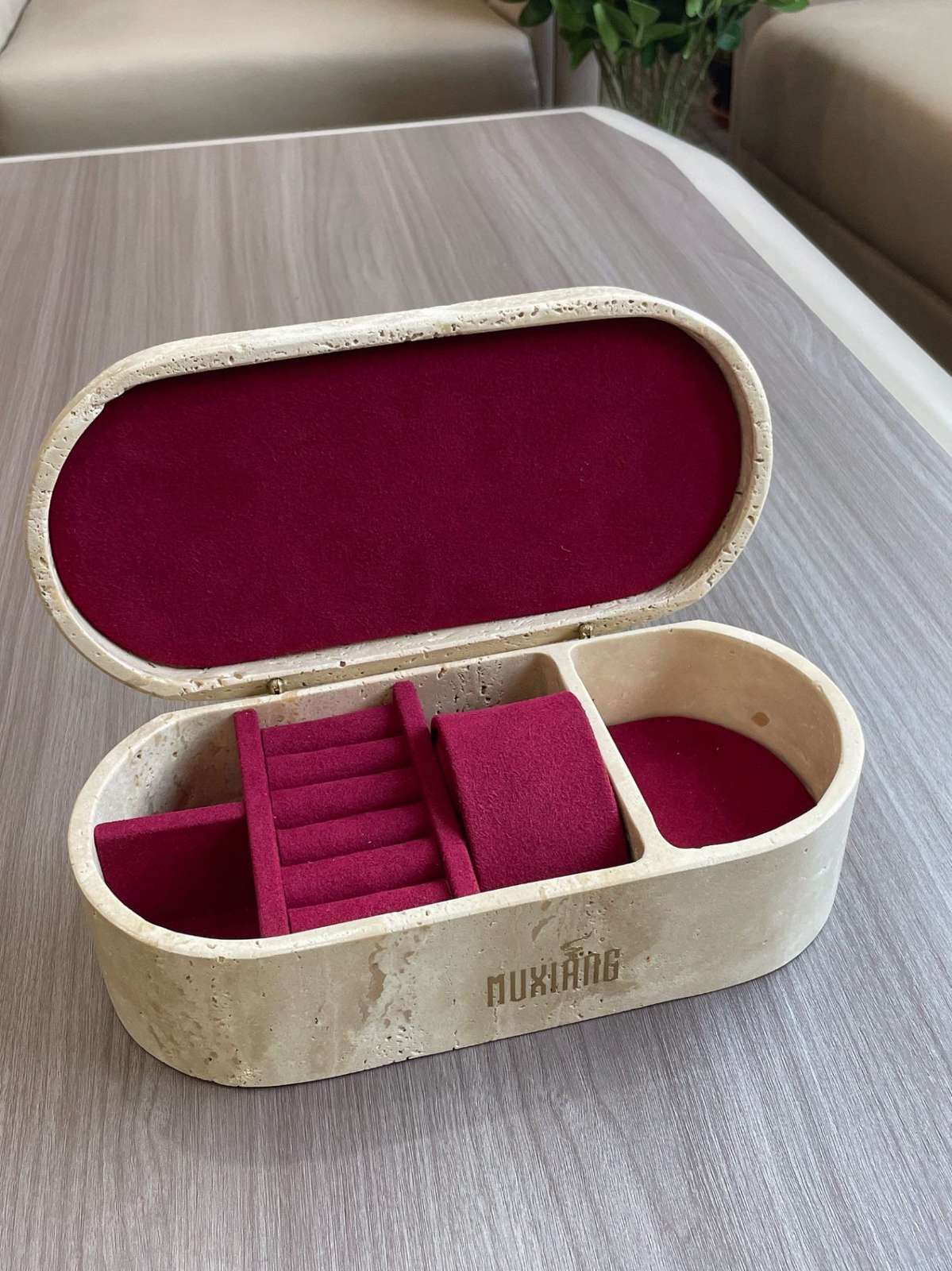 Marble stone jewelry box with burgundy suede interior, two watch cushions and ring roll section