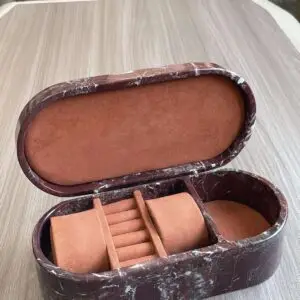 Marble stone jewelry box with terracotta suede interior, watch cushions and ring rolls