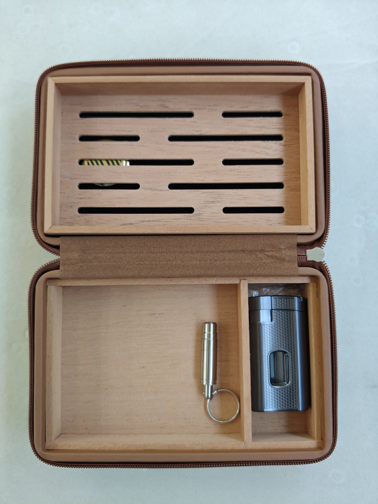 Custom Leather Travel Humidor - Cedar Cigar Case with Accessory Tray 4 Travel humidor opened to show vented cedar grid tray and accessory compartment